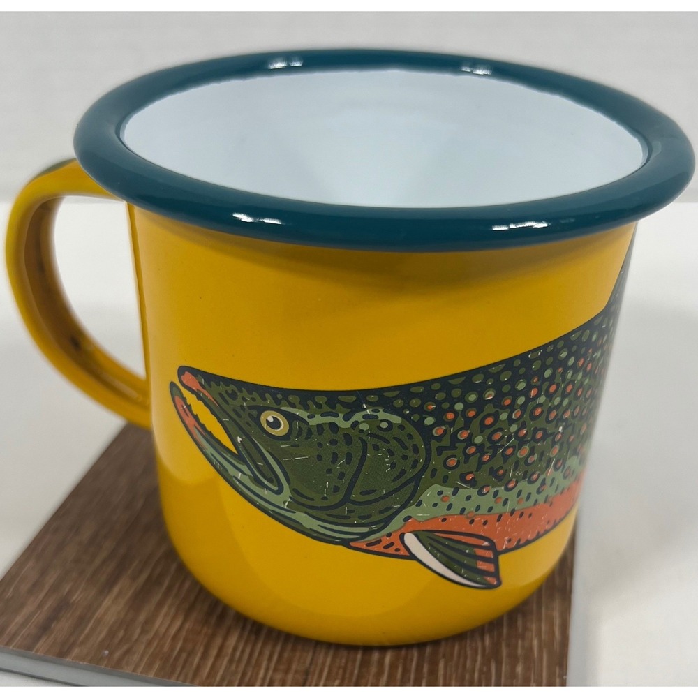 Gift-Last Outpost Store Enamel Mug Angler Trout Graphic Yellow Campfire Tin Cup
